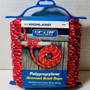 (BRAND NEW) HIGHLAND POLYPROPYLENE DIAMOND BRAID ROPE 1/4” x 100’(6 mmx30, 5 m)